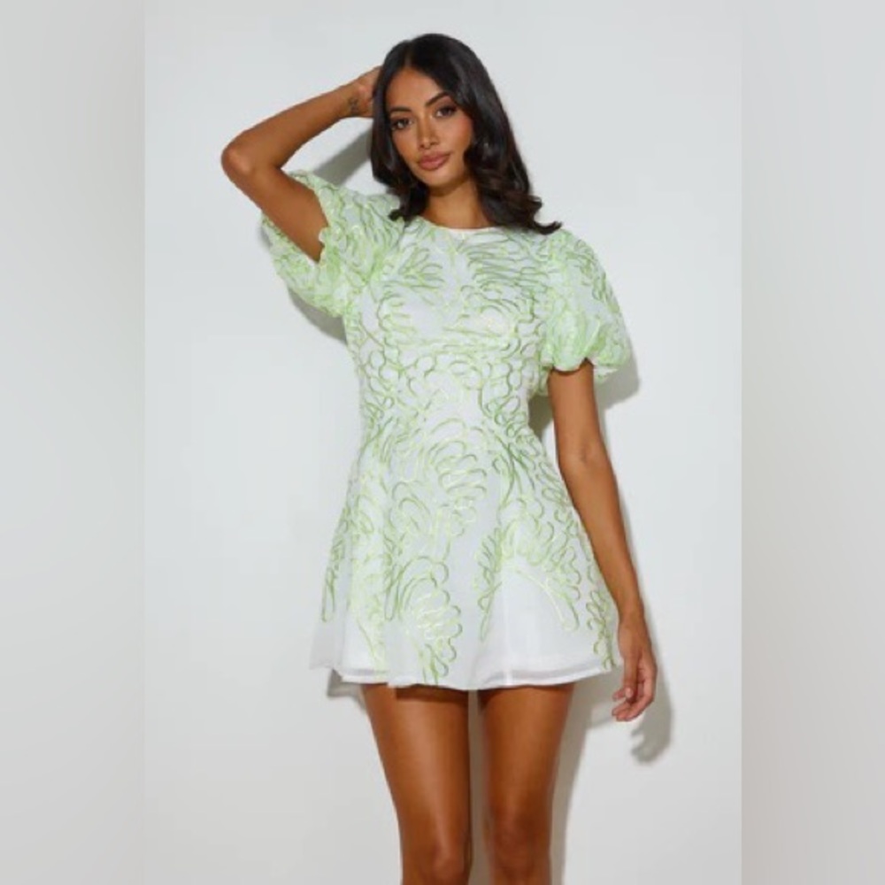 Hello Molly Mini Dress, puff elastic sleeves and embroidery.